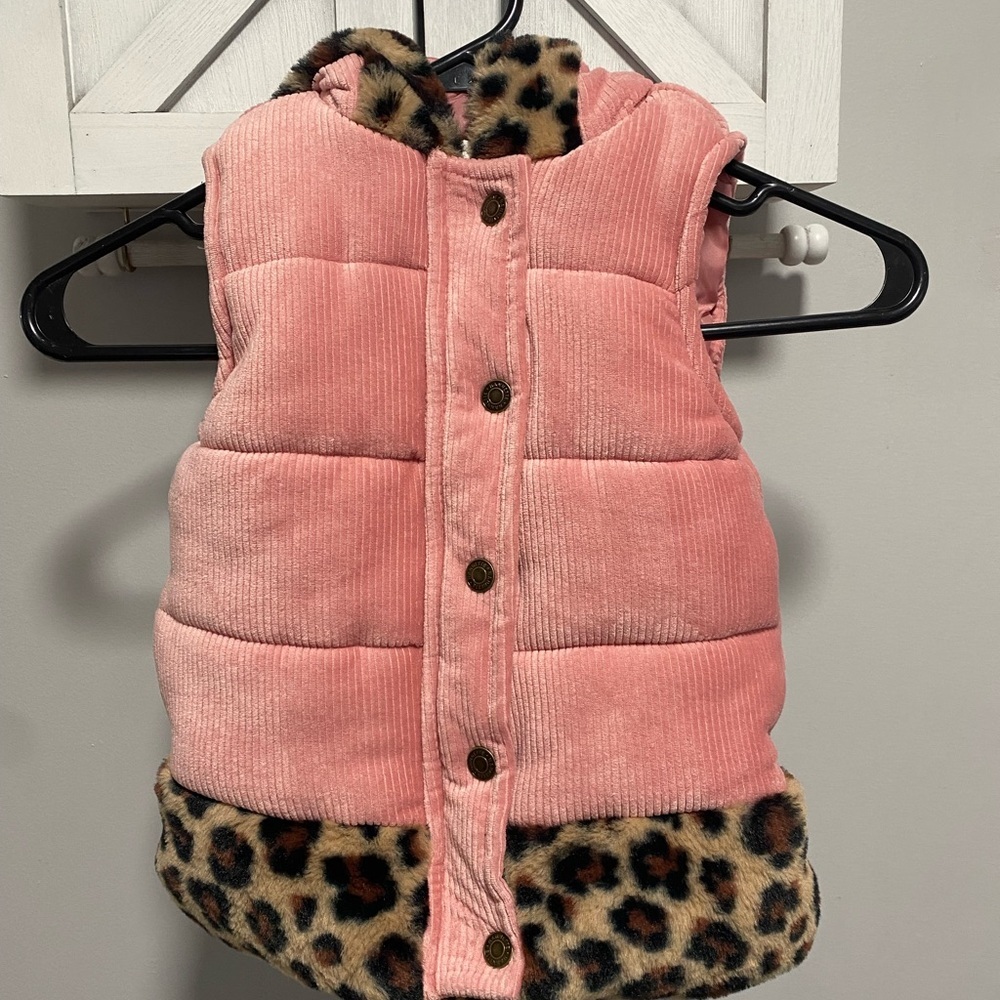 Kids Stylish Pink Corduroy Vest with Leopard Trim